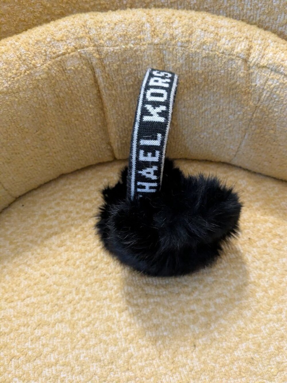 Michael Kors Black Faux Fur Earmuffs Logo Knit Band One Size
